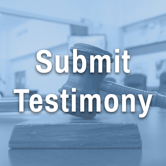 Testimony submission link with blue tinted image of gavel